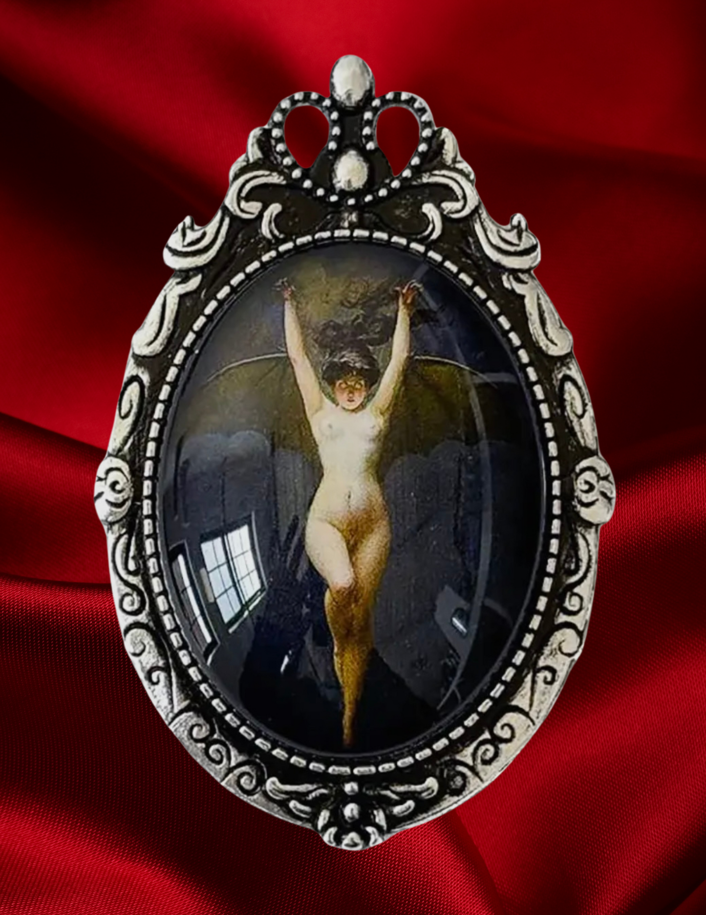 Victorian Bat Woman Painting Brooch (Silver)