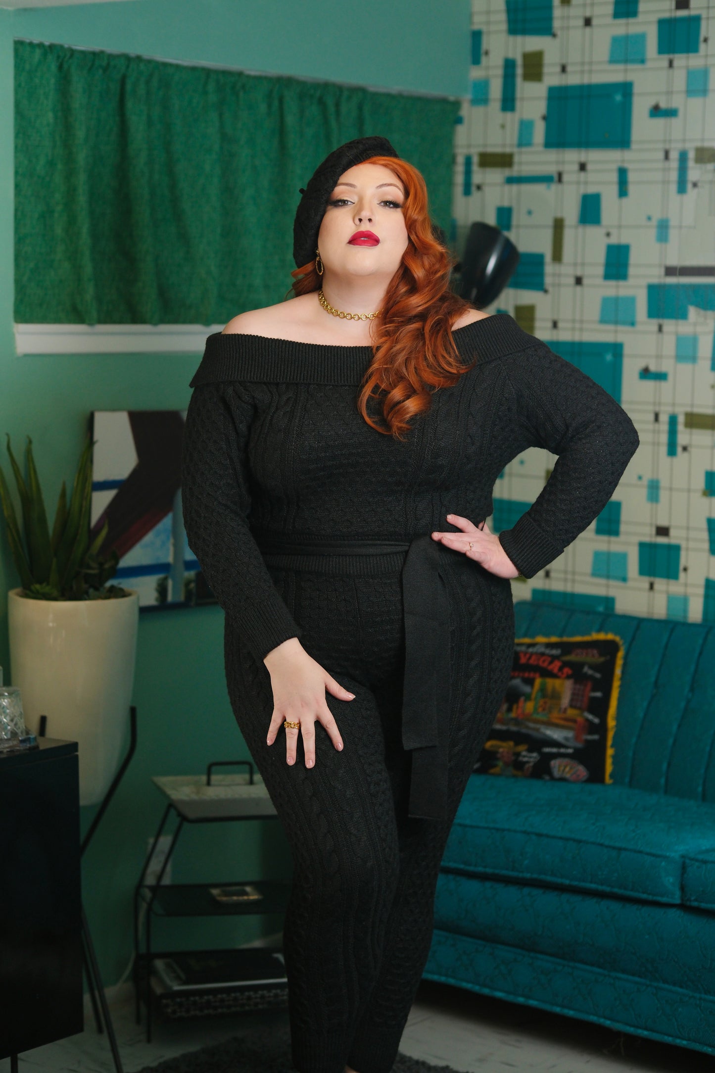Jayne Knit Jumpsuit + Beret (Black)