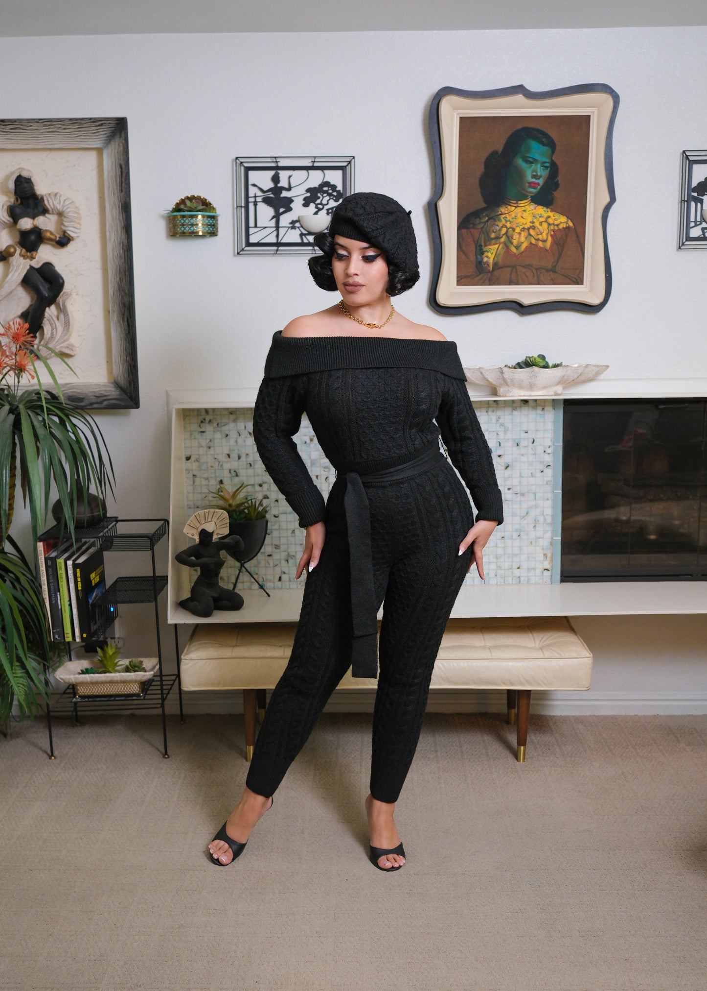 Jayne Knit Jumpsuit + Beret (Black)