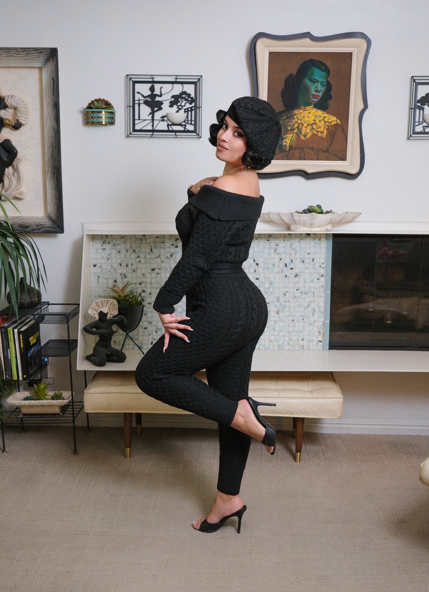 Jayne Knit Jumpsuit + Beret (Black)