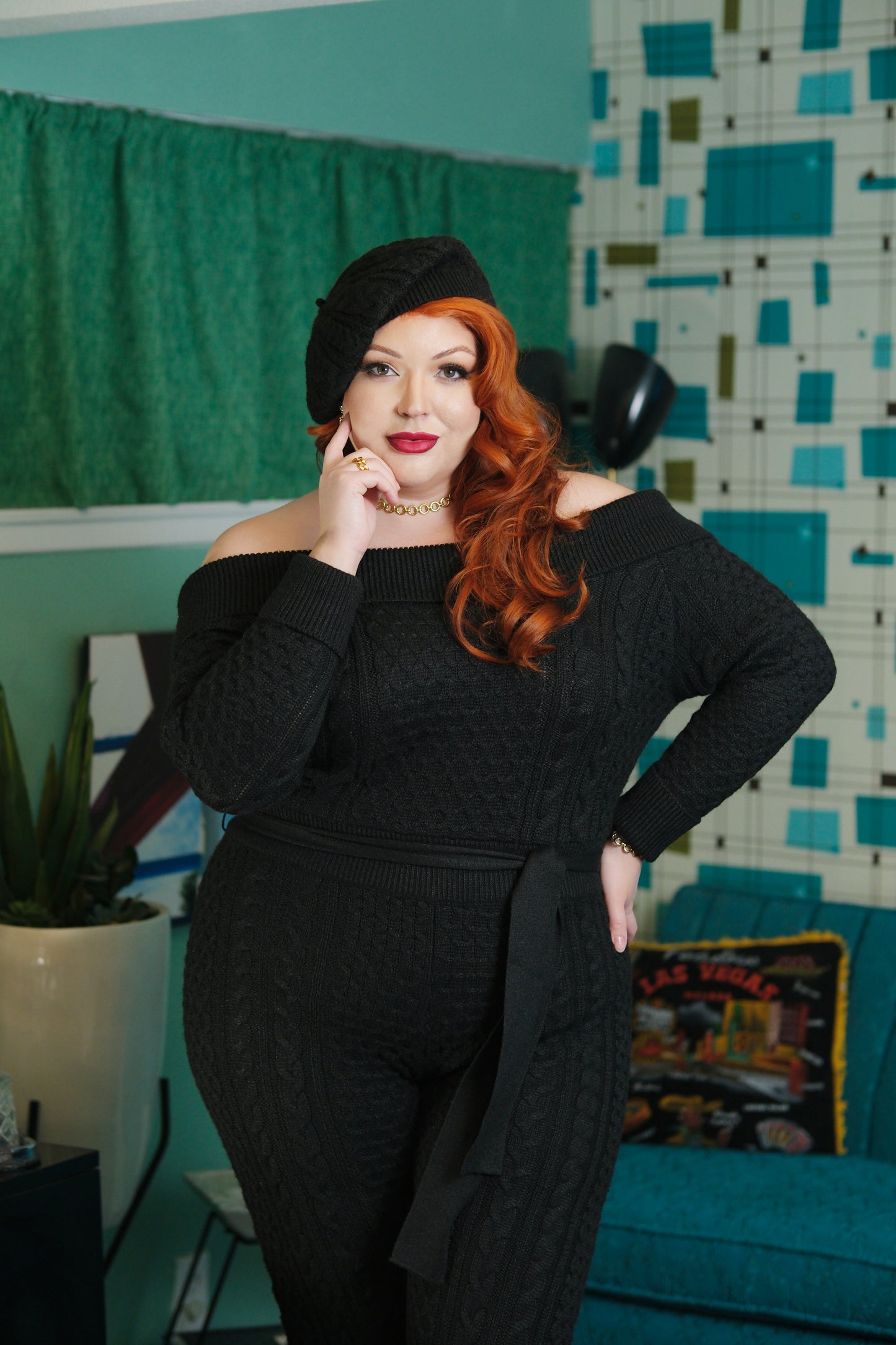 Jayne Knit Jumpsuit + Beret (Black)