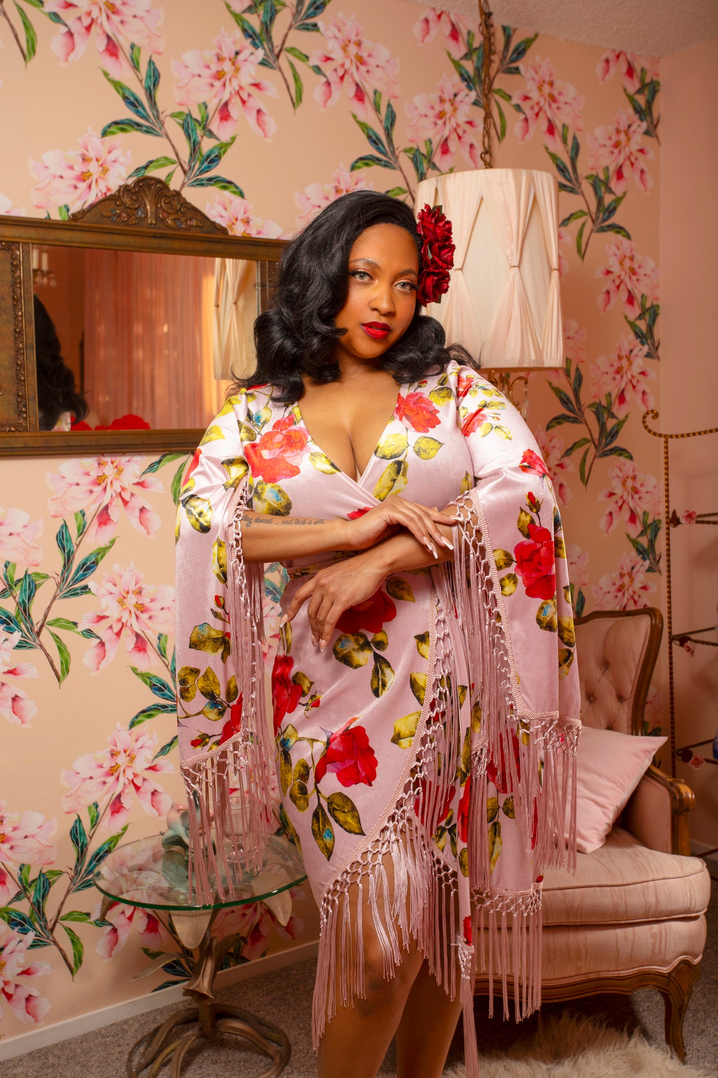 Magdalena Wrap Dress (Pink + Red Roses) Magdalena Wrap Dress (Pink + Red Roses)