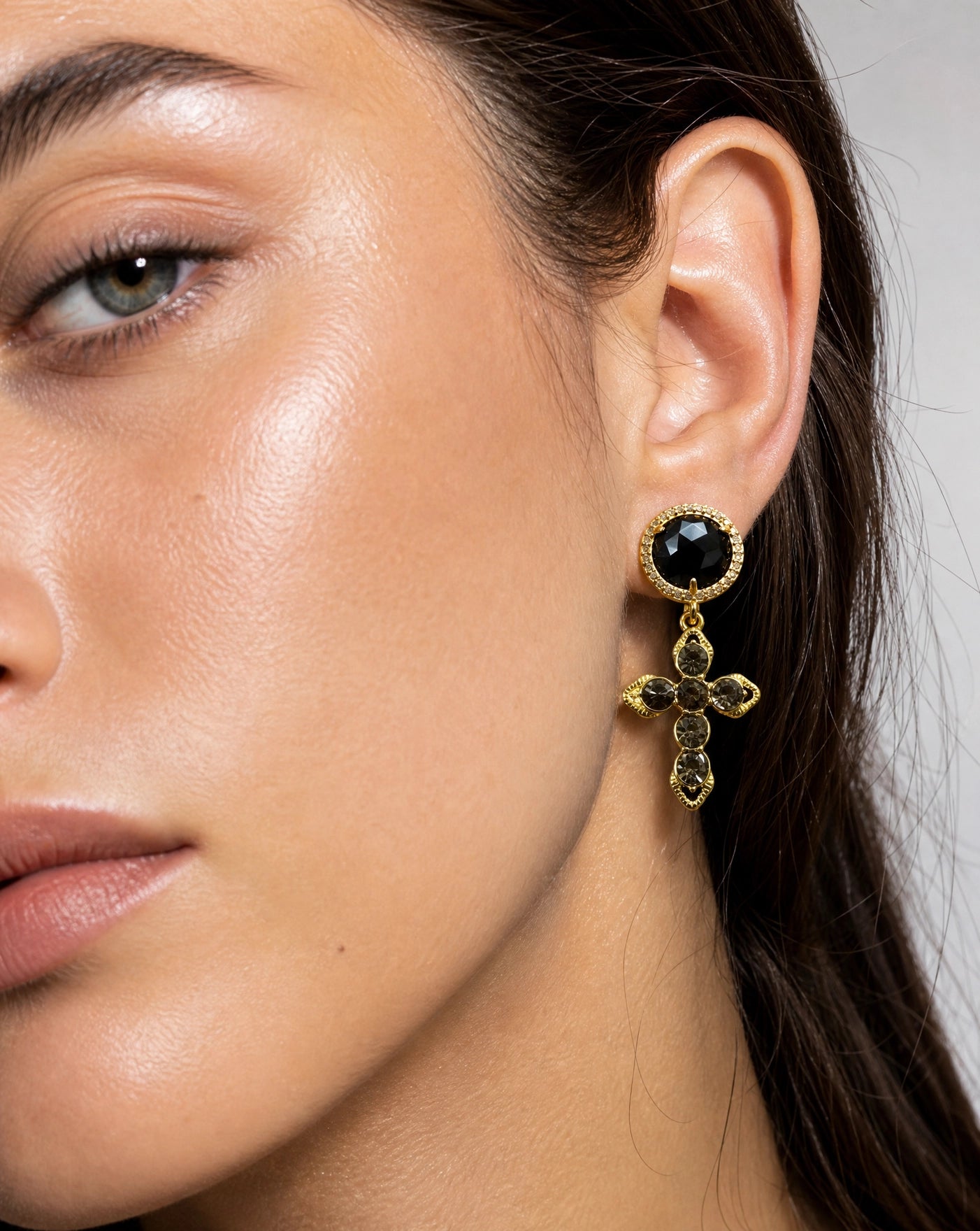 Croix Noir Earrings — Black Agate and Smoky Zirconia