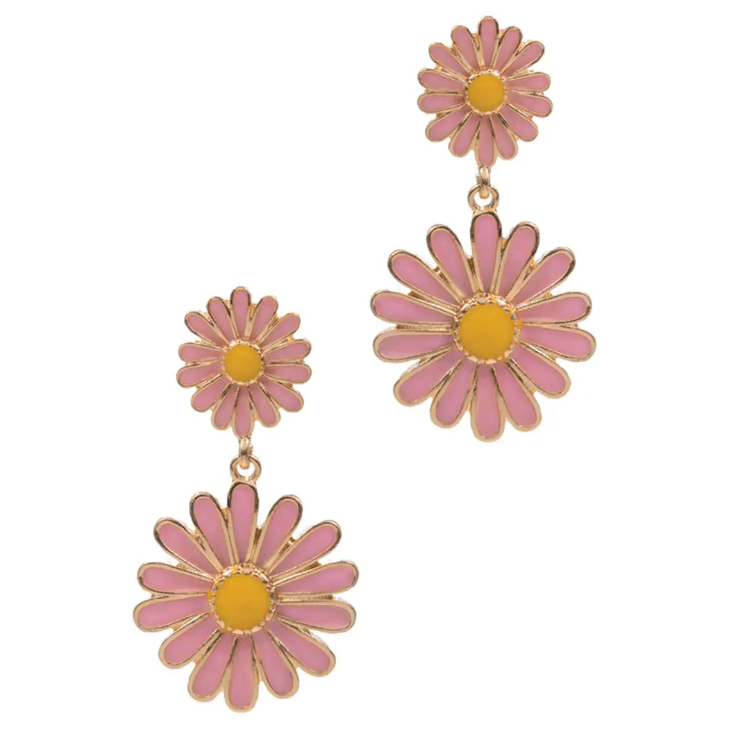 60's Double Daisy Enamel Earrings (Pink)