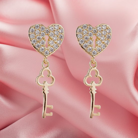 Load image into Gallery viewer, Gold Lock &amp;amp; Key Stud Dangle Earrings

