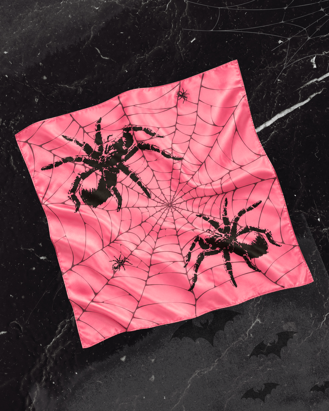 Morticia Satin Scarf (Pink Spider print) PRE-ORDER
