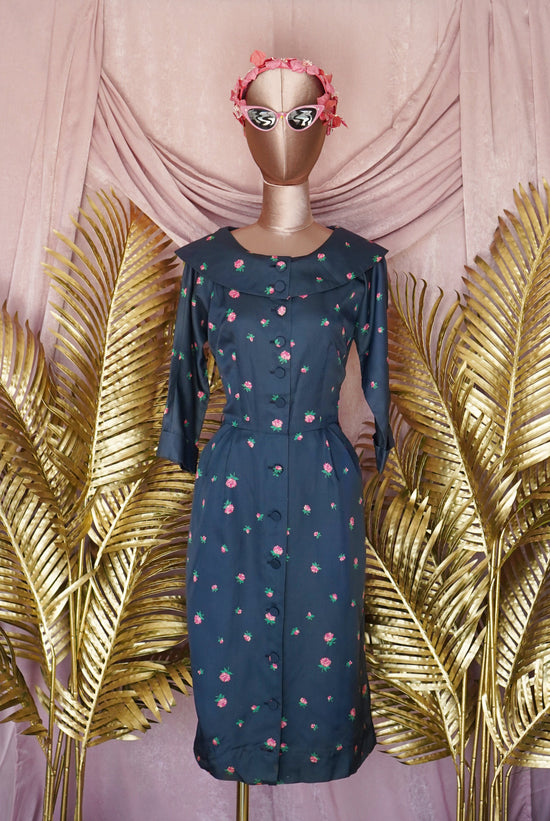 Vintage 1950s Navy w/pink flowers wiggle dress Vintage Vandalizm Vintage 1950s Navy w/pink flowers wiggle dress Vintage Vandalizm