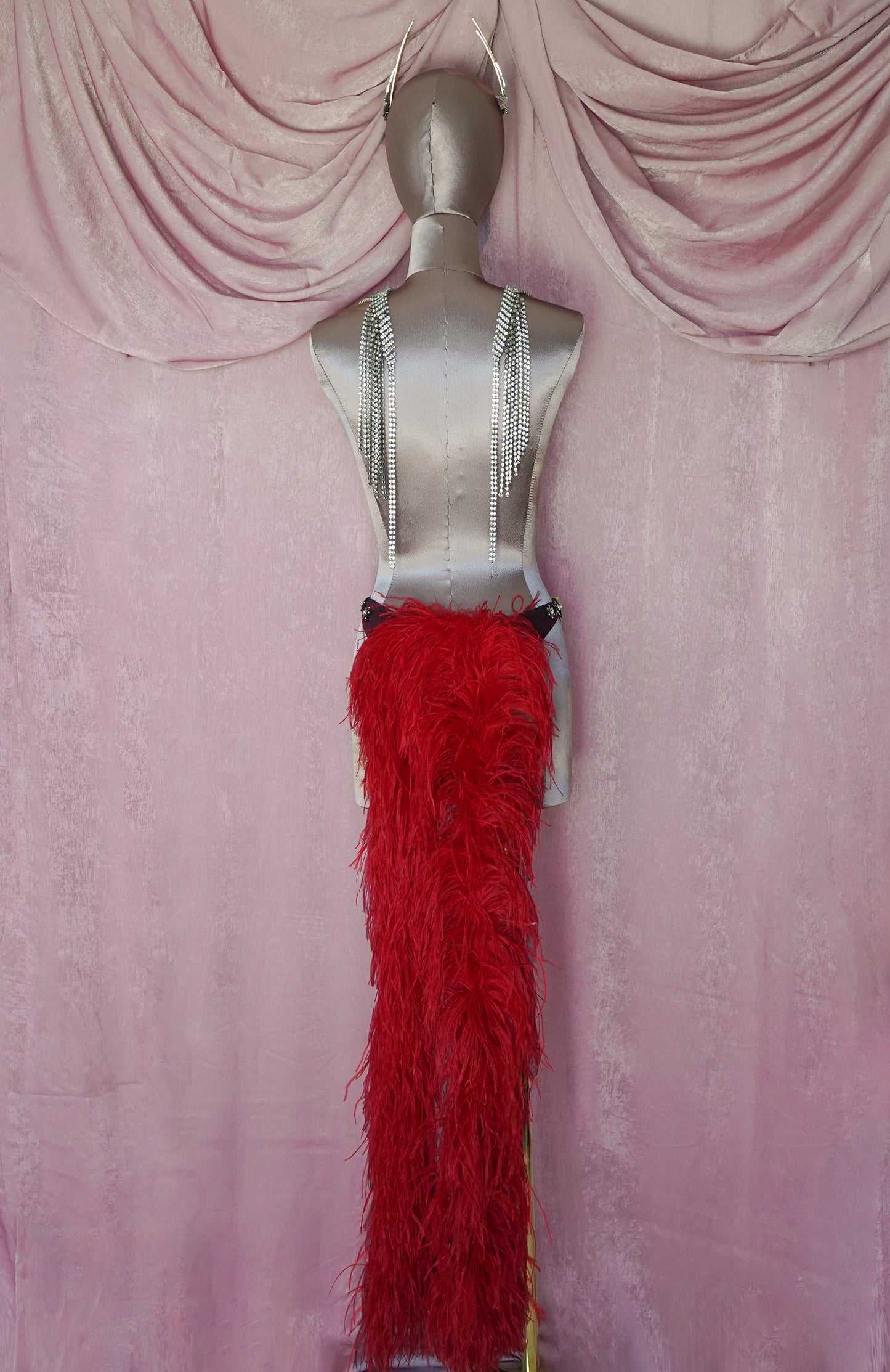 Vintage Red Rhinestone Thong w/Ostrich Feather Boa