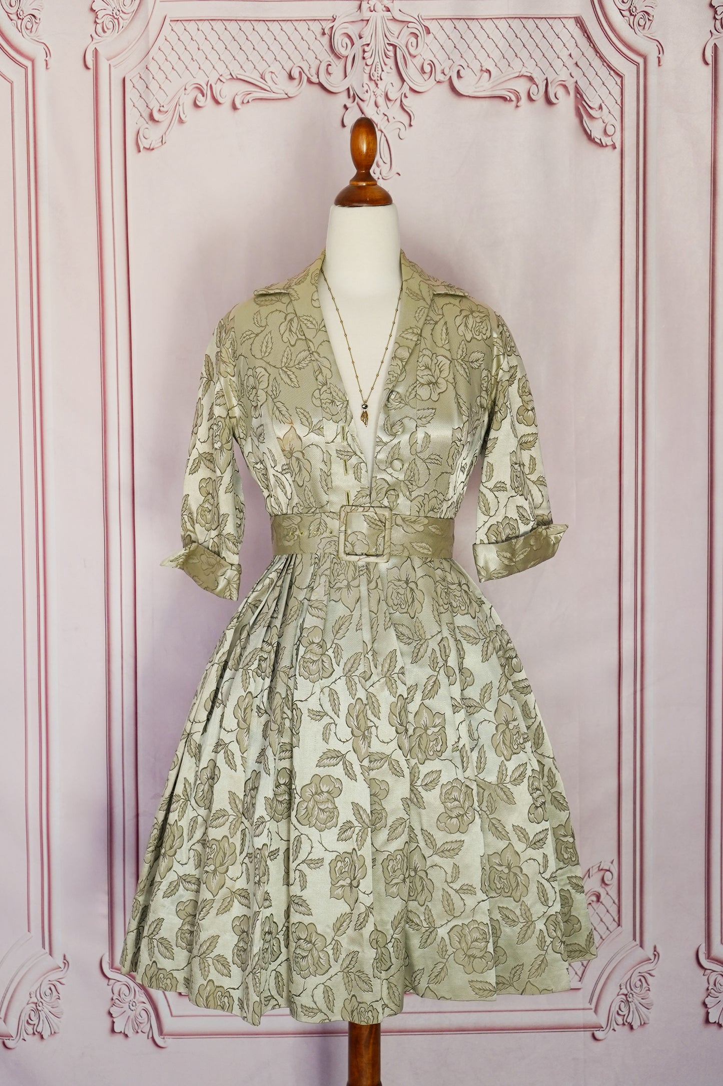 1950s Champagne Satin Floral Print Dress (Size XS)