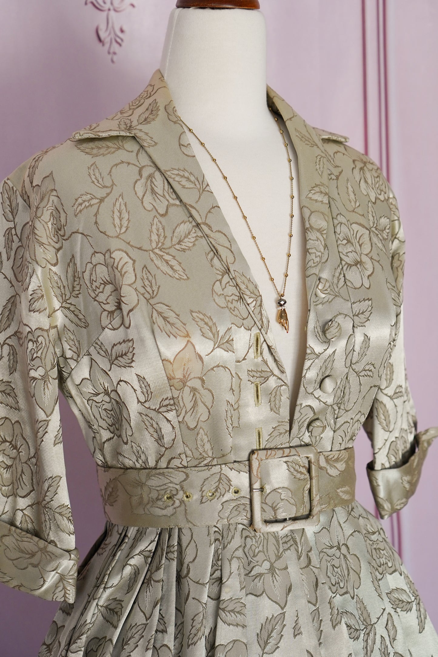 1950s Champagne Satin Floral Print Dress (Size XS)
