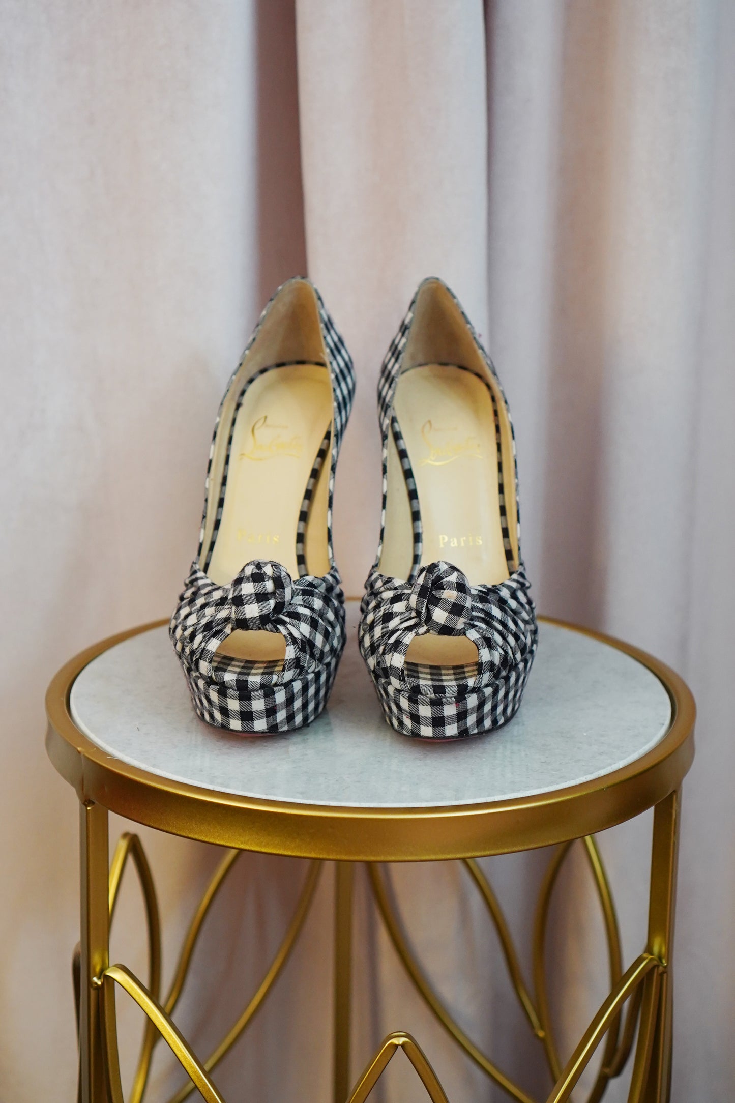 Christian Louboutin Greissimo 140 Gingham Bow Peep Toe Stiletto Pumps SZ 36