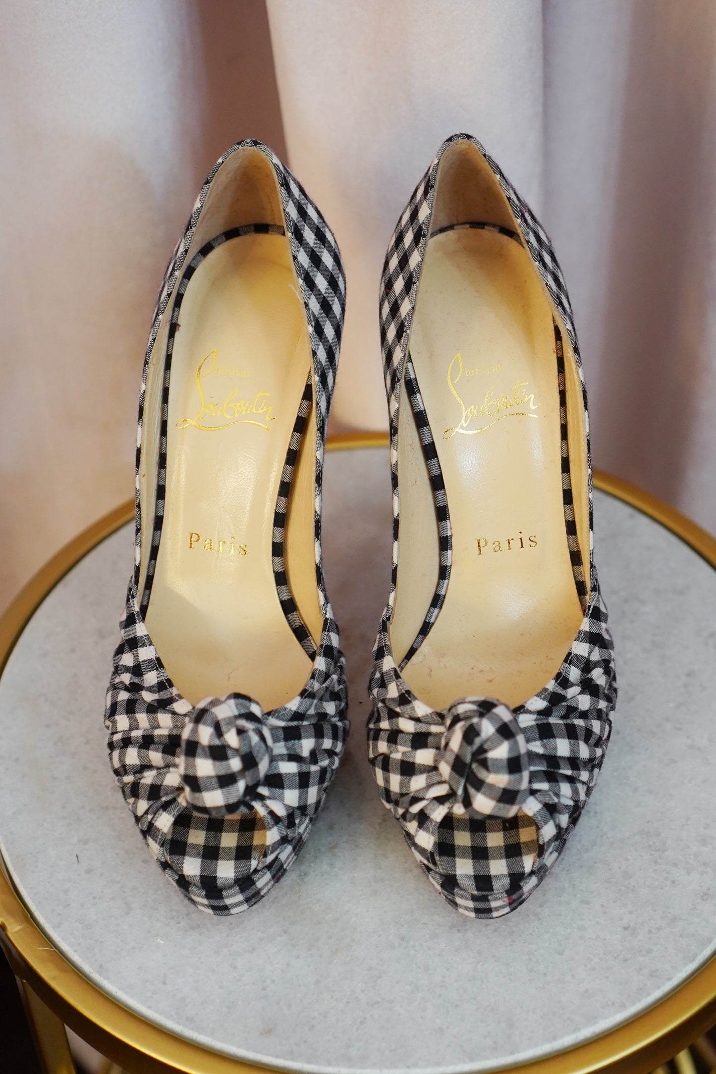 Christian Louboutin Greissimo 140 Gingham Bow Peep Toe Stiletto Pumps SZ 36