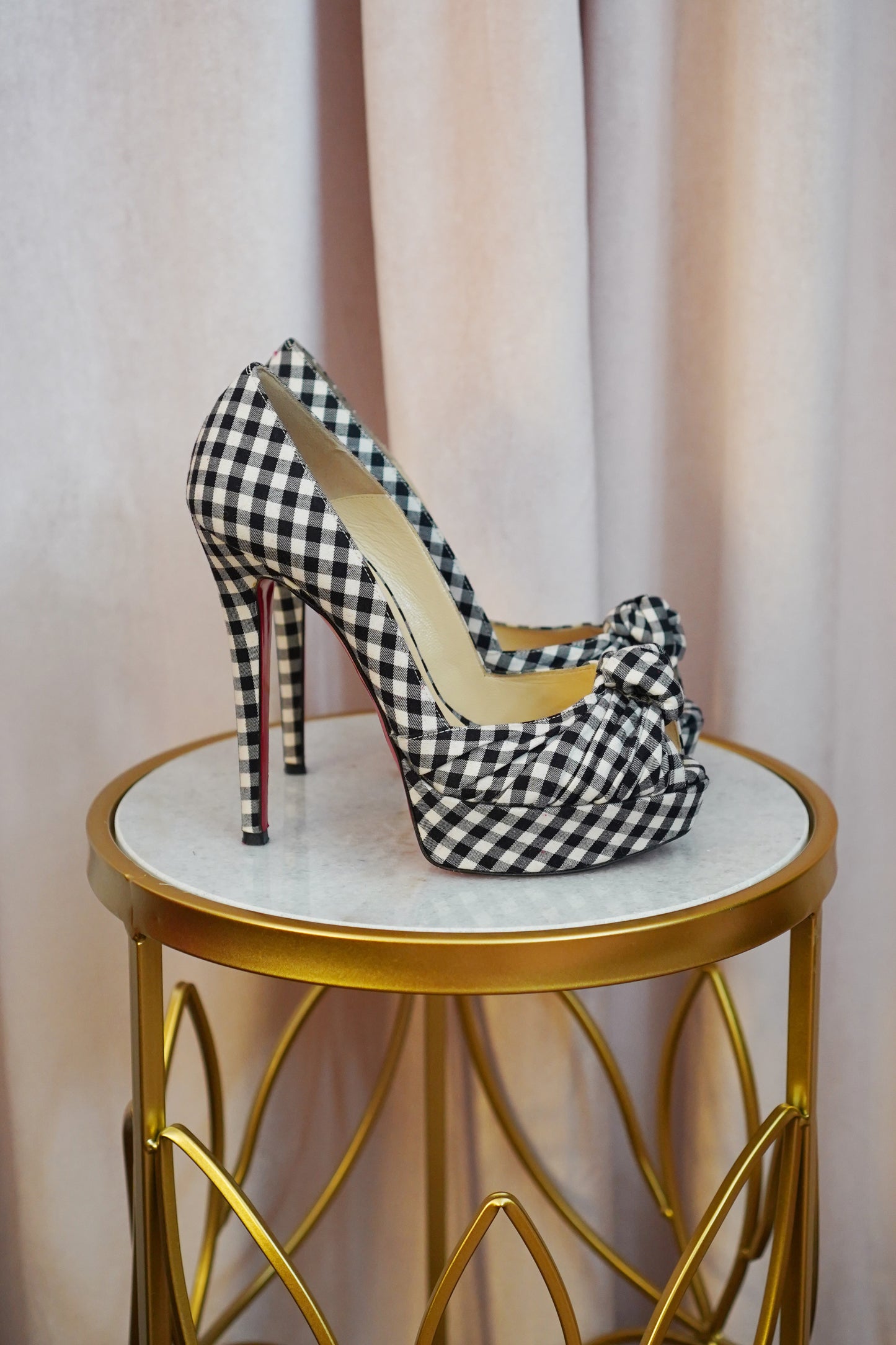 Christian Louboutin Greissimo 140 Gingham Bow Peep Toe Stiletto Pumps SZ 36