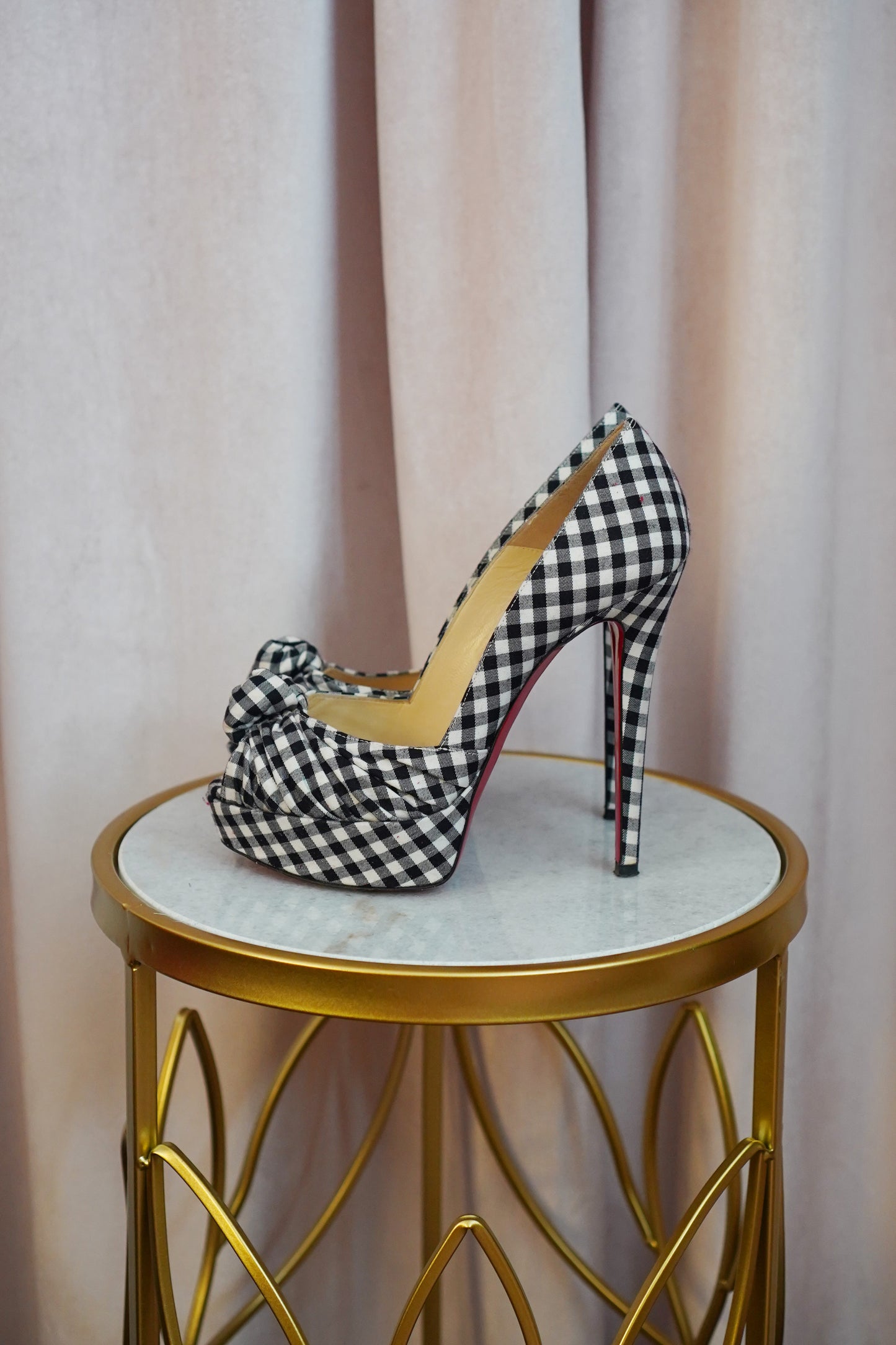 Christian Louboutin Greissimo 140 Gingham Bow Peep Toe Stiletto Pumps SZ 36
