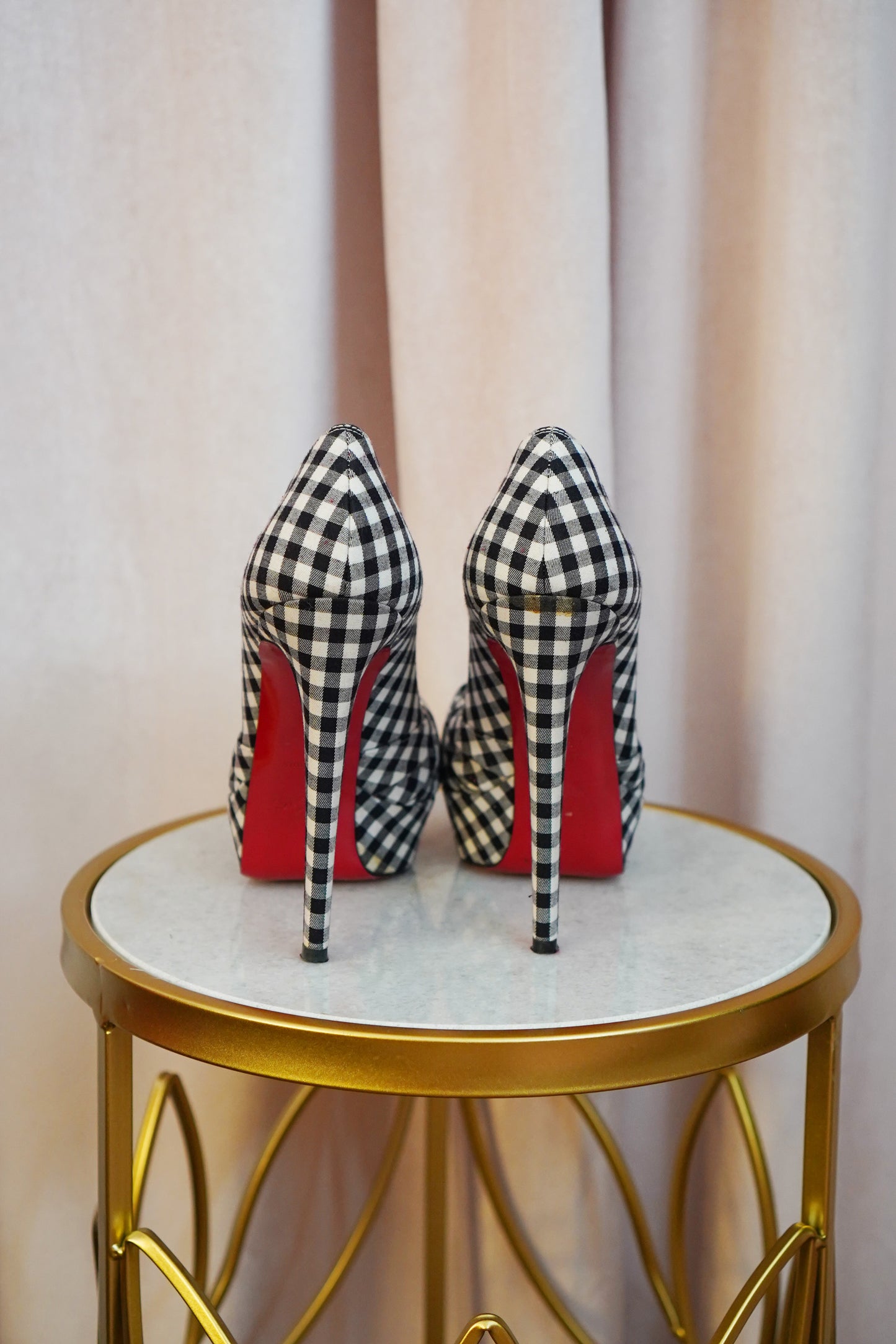 Christian Louboutin Greissimo 140 Gingham Bow Peep Toe Stiletto Pumps SZ 36