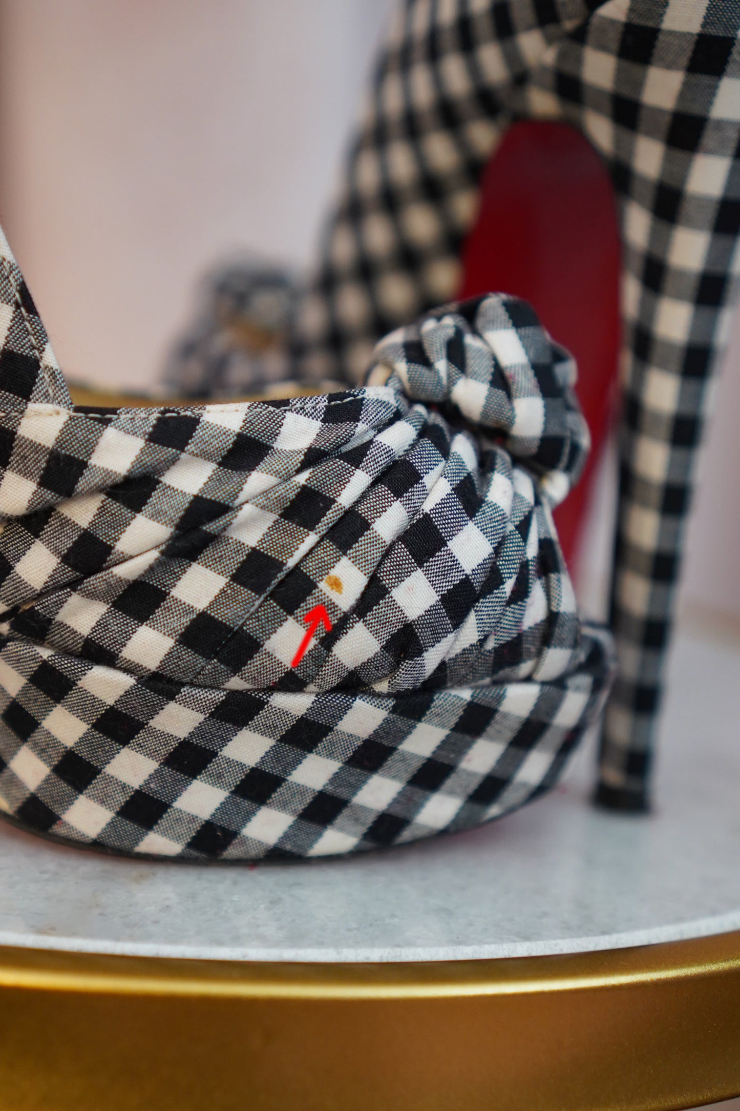 Christian Louboutin Greissimo 140 Gingham Bow Peep Toe Stiletto Pumps SZ 36