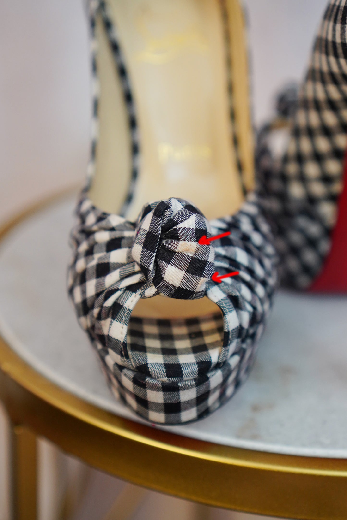 Christian Louboutin Greissimo 140 Gingham Bow Peep Toe Stiletto Pumps SZ 36