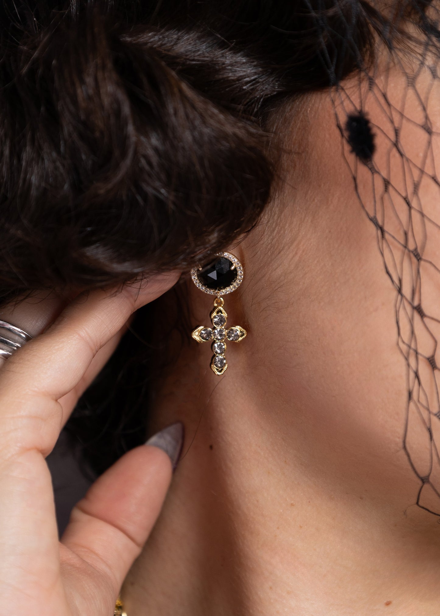 Croix Noir Earrings — Black Agate and Smoky Zirconia
