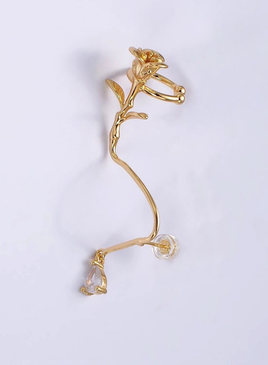 Load image into Gallery viewer, Gold Filled Rose/Vine Teardrop Dangle Ear Cuff
