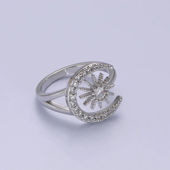 Elegant Micro Pave Silver Moon & Star Adjustable Ring