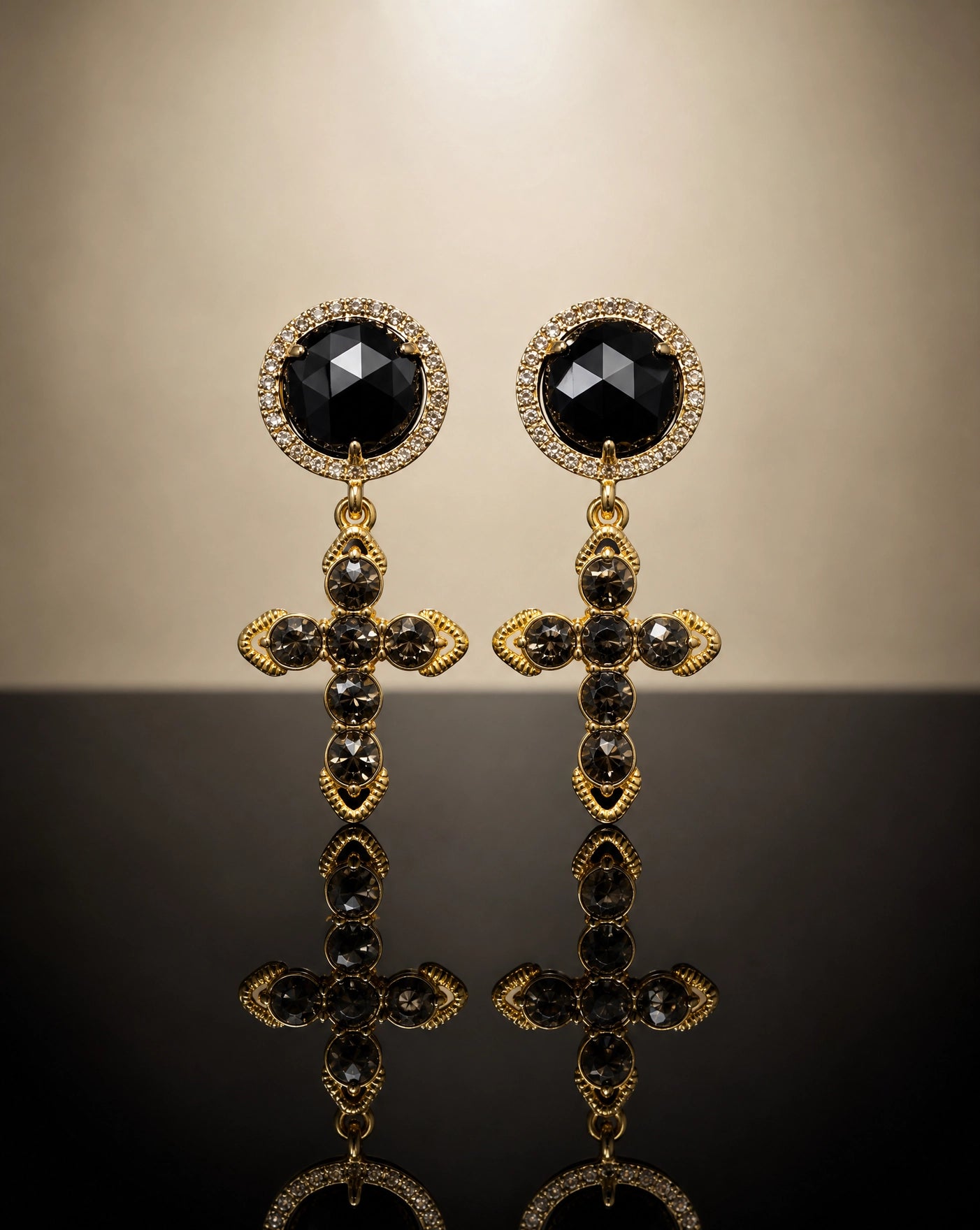 Croix Noir Earrings — Black Agate and Smoky Zirconia
