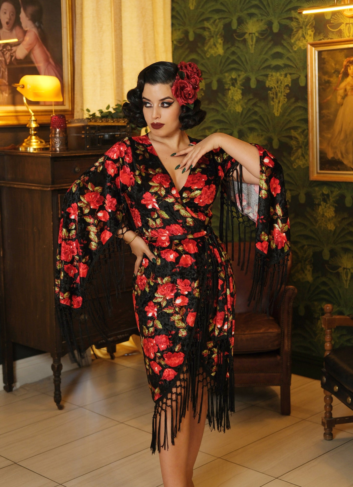 Magdalena Wrap Dress (Black/Red Roses) Magdalena Wrap Dress (Black/Red Roses)